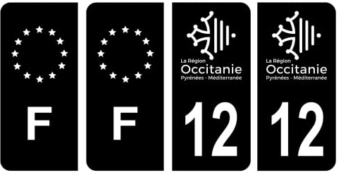 HADEXIA Aufkleber für Nummernschild, Departement 12, Aveyron Region Okzitanien, Schwarz und F, Frankreich, 4 Stück