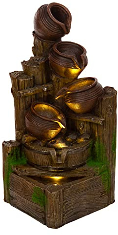 Inomhusfontän med LED-belysning, 55 cm hög, inomhus och utomhus fontän i olika mönster, groda, älvor, barn, kannor (fontän 17 Eckbrunnen)