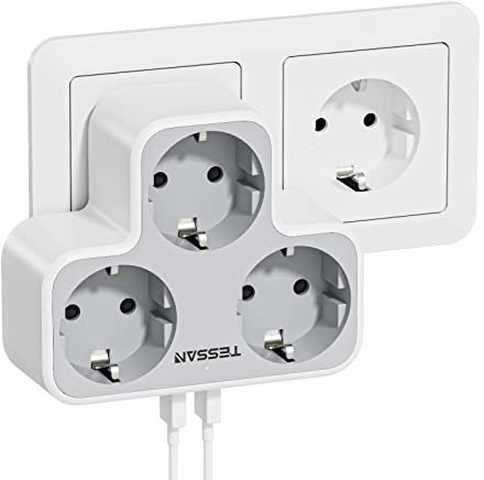 TESSAN Ladron Enchufes Plano Modernos, Triple Enchufe Multiples con 2 USB A, 5 en 1 Ladrón Multienchufe Pared, Regleta Pared 3600W para Cocina, Hogar, Cargador Multiple Compatible con Phone, Gris