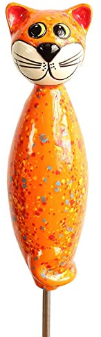 Gartenfigur Katze aus Keramik 30 cm Dekofigur getöpferte Gartendeko orange