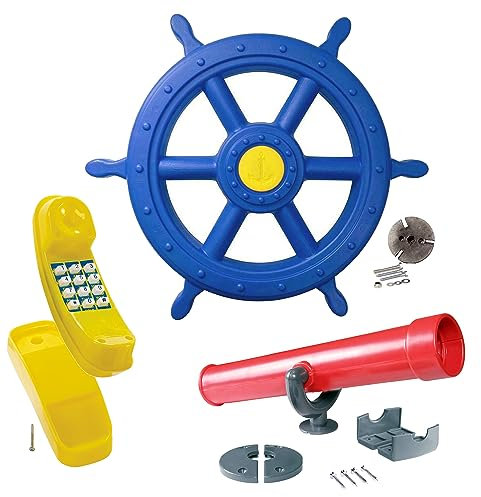 GK Zubehör-Set z.B. für Spielturm mit gelbem Telefon, blauen Schiffsruder/Steuerrad und Teleskop in der Farbe (rot)