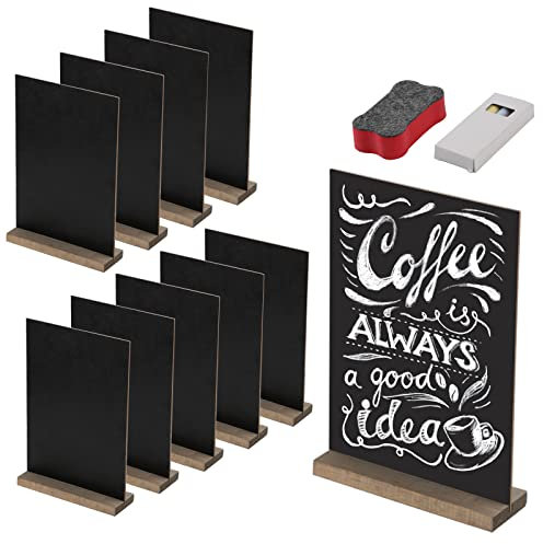 SWAWIS 10Stk Abwischbare Kleine Tafel-Holzschilder mit Ständer, Kleiner Kreidetafel Doppelseitige Set für Hochzeit, Geburtstag, Essen/Buffet Schilde, mit Kreide und Radiergummi
