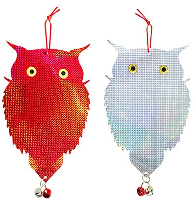 Katutude Reflektierende Eulen-Aufhänger zur Vogelabwehr, 2PCS Vogelscheuche in Eulenform mit Glöckchen Vogelschreck Balkon, Rflektierende Windspirale Vogelschreck Garten Dekoration