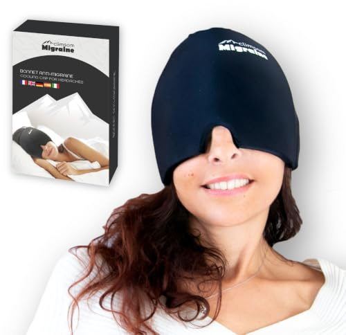Kälte-Kopfschmerz-Kappe mit Gel – Kompressionsmaske gegen Migräne & Kopfschmerzen – Gel-Kühlpack – Ultra-kühlend (617g) + Reißverschlusstasche – CLIMSOM MIGRAINE