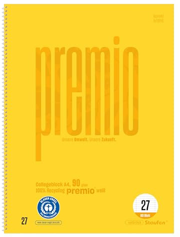 Premio Collegeblock - 2 Blöcke à 80 Blatt, DIN A4 liniert mit Randlinien | Lineatur 27, 100% Recyclingpapier, zertifiziert mit dem Blauen Engel, abgerundete Ecken, 90 g/m² Papier