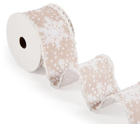 Nastro fiocco di neve, 9 m x 6,35 cm, bianco invernale con sbavature, nastro per albero di Natale per fai da te, confezioni regalo, decorazione natalizia