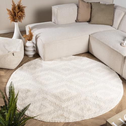 Teppich Skandinavisch Rund - Lova Diamond Creme - Ø 120 cm | Einfarbig - Klassik, Modern, Skandinavisch - Wohnzimmer, Esszimmer, Schlafzimmer - Fellteppich