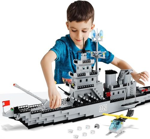 QLT QIAOLETONG WW2 Military Schiff Klemmbausteine Bausteine,City Boot Geschenke für Erwachsene ab 8-18 Jungen Jahren WW2 Großes Cruiser Spielzeug mit Helikopter und Stadtrettungsboot 910PCS