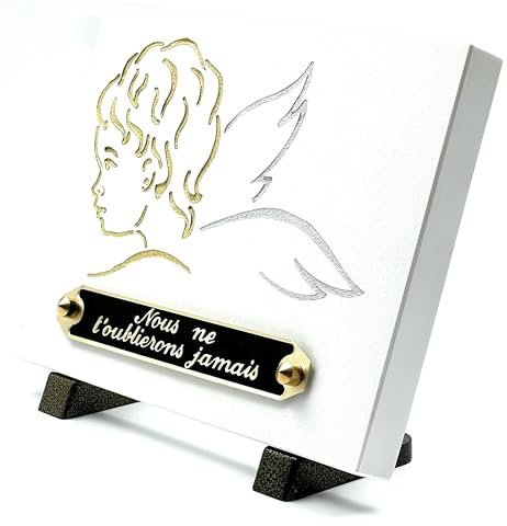 Ornement funéraire Ange Or | Plaque mortuaire blanche | Pierre tombale | Decoration tombe cimetiere (PETIT 15x20CM)