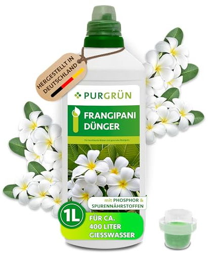 Purgrün® Frangipani-Dünger 1 Liter – Extra Phosphor für exotische Blüten – Spurennährstoffe fördern gesundes Wachstum – Ergiebiges Konzentrat für 400 Liter Gießwasser – Premium-Blumendünger