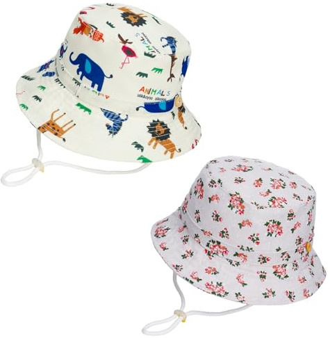 2Pcs Baby Toddler Kids Bucket Sun Hat, Adjustable Cute Print Summer Outdoor Infant Summer Beach Hats with Chin Strap for Boys Girls