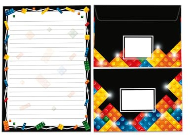 Briefpapier-Set Schreibblock liniert mit Umschlag für Mädchen Jungen Kinder Erwachsene Unisex Bausteine Bauklötze bunt schwarz (1 Block A5 mit 25 Blättern + 15 passend bedruckte Briefumschläge)