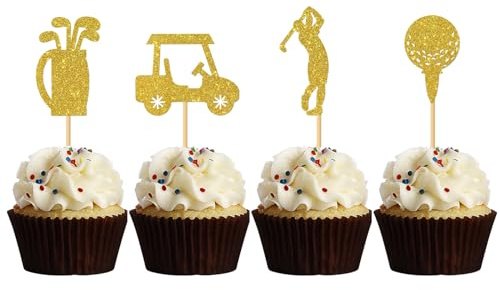 MonMon & Craft Golf Cupcake Toppers - Sport Theme Golf Birthday Cupcake Decor - Baby Shower Party Decor - Retirement Party Decorations Golf Club Cupcake Toppers - 24 Pcs Gold Glitter