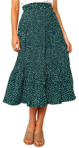 Oyamiki Womens Polka Dot Midi Skirt Stretchy Flowy Swing Long Skirts Trendy Summer Pleated Skirt, M Green