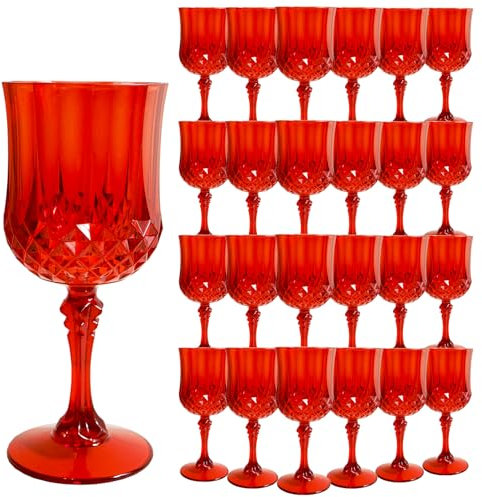 LEYIQU Plastic Wine Glasses, Plastic Goblets Vintage Style Cordial Unbreakable Drinking Glasses, Reusable Drinkware for Wedding Reception, Grand Event Party Supplies,Mother's Day(24, Red)