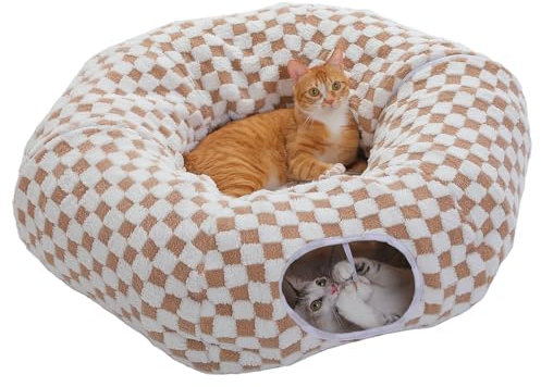 PAWZ Road Plüsch Katzentunnel für Hauskatzen, 2 in 1 Donut Kreisform Katzentunnel & Katzenbett Durchmesser 85 cm Braun