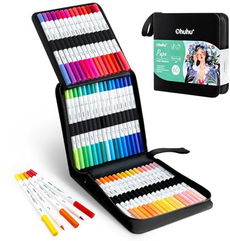 Ohuhu Filzstifte Paper-Friendly, 60 Farben Marker auf Wasserbasis, Doppelspitzige Filzstifte Set für Erwachsene, Anfänger, Kalligraphie Skizze Journal, Geruchlos & Nicht Blutend