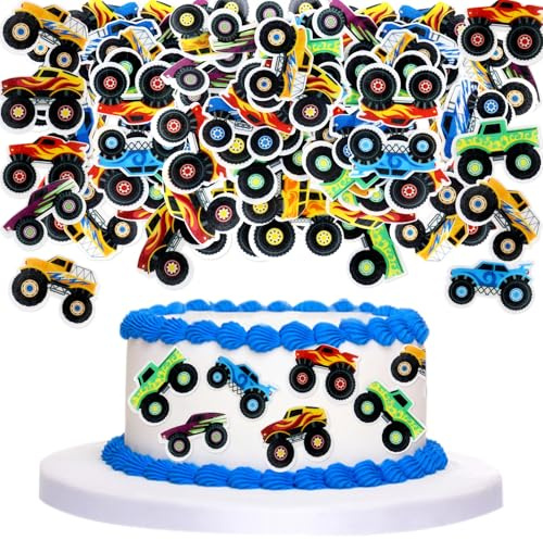 Blumomon 40 Essbare Monster Truck Cake Tops Monster Truck Thema Kuchen Dekoration Cupcake Dekoration für Bunte Monster Trucks Geburtstag Baby Party Dekoration