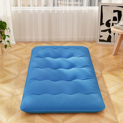 COSTWAY Japanese Floor Mattress, 10cm Thick Futon Mattress Tatami Mat Sleeping Pad with Carry Bag & Washable Cover, Foldable Roll Up Bed Mat for Lounger Dorm Camping (Navy Blue, Small Double)