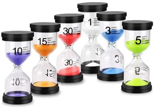 Temple Lodge Sand Timers for Kids - Pack of 6 Colourful Hourglass Sand Clocks (1min, 3mins, 5mins, 10mins, 15mins, 30mins) - Perfect for Time Management, Classroom Activities, and Fun Learning