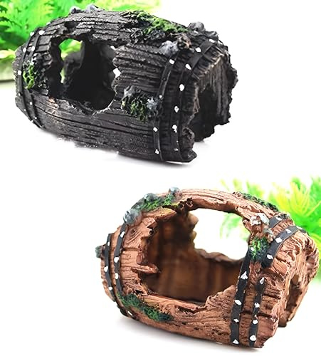 WOO LANDO 2er Set Aquarium Harz-Fass-Ornament – Natürliche Höhlen-Deko für Fische & Garnelen – Bruchfass-Landschaftsdeko für Süß- & Salzwasseraquarien (Mix)