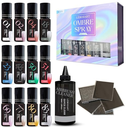 LÉBOZART Kit 12 Vernis Semi-Permanent Gel UV Airbrush Ongle – Nail Art – Séchage Rapide Lampe UV/LED – Haute Pigmentation – Manucure Ongles – Nettoyant aérographe – Pochoir