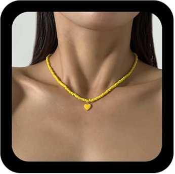 Yheakne Vintage Gelbe Saatgut Perle Choker Halskette Emaille Herz Anhänger Halskette Winzigen Reis Perle Halskette Kette Gelb Perlen Kette Halskette Schmuck Für Frauen