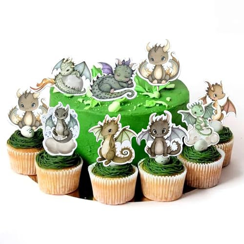 24Pcs Dragon Party Cupcake Toppers Dragon Birthday Party Decoration Fantasy Dragon Cake Decorations for Flying Dragon Baby Shower Supplies