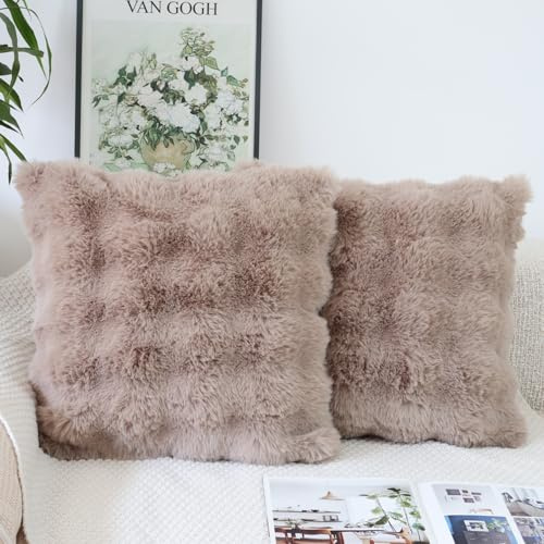 NIULAA 2er Set Kissenbezug 45x45 Hellbraun Weich Kunstpelz Kissenbezüge Flauschig Luxus Plüschkissen Quadratisch Kissenhülle Pelz Dekokissen Sofakissen Deko Schlafzimmer Aesthetic Kuschelig Kissen