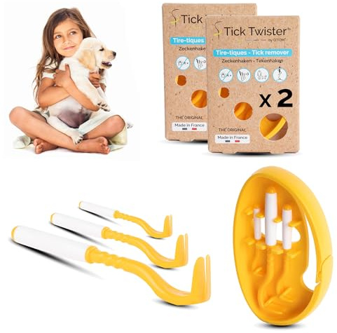 Tire Tique pour Chien, Chat et Humain (Lot de 2 Sets de 3) - Retrait Facile, Rapide et Sans Douleur – Pince à Tique avec Boîte de Rangement, Idéal en Voyage et à la Maison (ORANGE, 2 SETS)