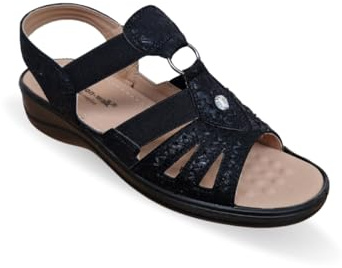 Ladies Wedge Sandals Wide Fuller E Fitting Buckle Slingback Open Toe Halterback Womens Faux Leather Elasticated T Bar Strappy (Black Shine, UK Footwear Size System, Adult, Women, Numeric, Wide, 7)