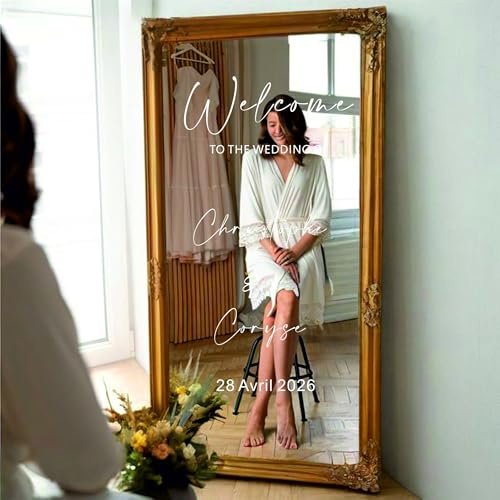 MINXLTD Autocollant De Panneau De Fenêtre Miroir avec Noms Personnalisables, Autocollants De Panneau De Bienvenue avec Nom Personnalisé, avec Panneau De Mariage Bienvenue(70x110cm)