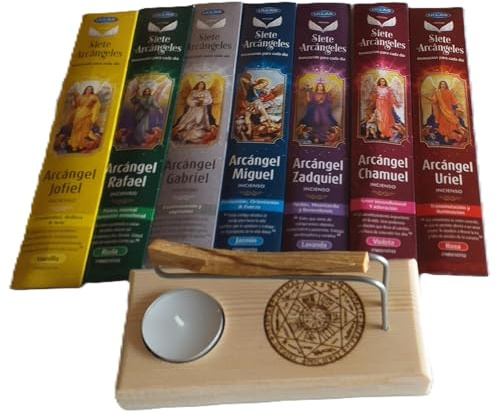 YA- DECOREGALOS Caja Set Espiritual 7 Arcángeles, Quemador de Madera con Símbolo Sagrado de los Arcangeles Mayores + 7 Paquetes de Inciensos de Arcángeles, Vela y Palo Santo incluidos