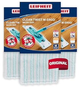 Leifheit Housse de Rechange Micro Duo Clean Twist M Ergo et Power Clean | Lot de 3, système double fibre, pour Clean Twist M Ergo et Power Clean M, housse pour balai lave-sol, lavable 200 fois à 60°C