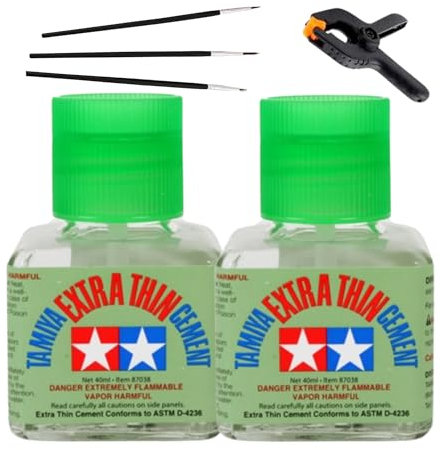 CAOBundles Model Glue Kit for Tamiya Extra Thin Liquid Cement Glue with Applicator Brush - 40ml Bottle - 87038 x2 Plastic Clamp x1 Brushes x3