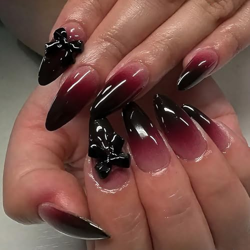 French Tip False Nails - 24pcs Coffin Press on Nails Wine Red Long Ballerina Acrylic Gel Fake Nails - Deep Red Black Pure Color Design with Bow - Reusable Glossy Stick on Nails