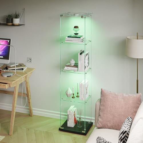 Glasvitrine Standvitrine mit LED Schloss und Türen Verkaufsvitrine mit Rollen Standglas Vitrine mit Schloss für Bücher, Sammlerstücke, Wein (Schwarz, 163x39.5x35 cm)