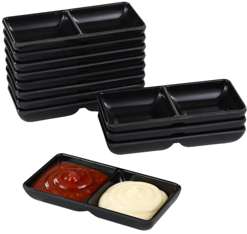 SWEWARM Paquete de 12 cuencos de melamina negra, platos de salsa de doble compartimento, cuencos de salsa de soja de grado comercial y cuencos de salsa, 5.7 x 2.8 x 1 pulgadas, apilables y duraderos