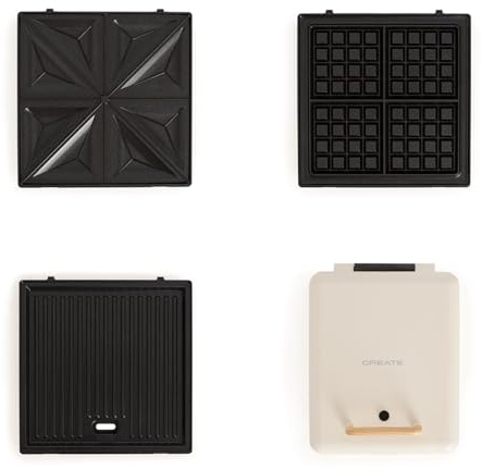 CREATE/STONE STUDIO/Sandwichera grill e waffle quadrupla bianco panna / 3 piastre intercambiabili: Grill, Waffle e Sandwich, antiaderente, apertura 180º, 4 fette, spegnimento automatico, 1600W