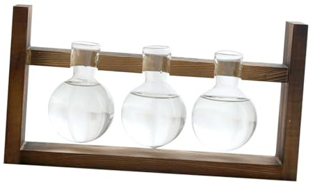 TOYANDONA Wooden Rack Glass Vase Three-ball Design Hydroponic Plant Container Modern Desktop Decor for Indoor Greenery Display
