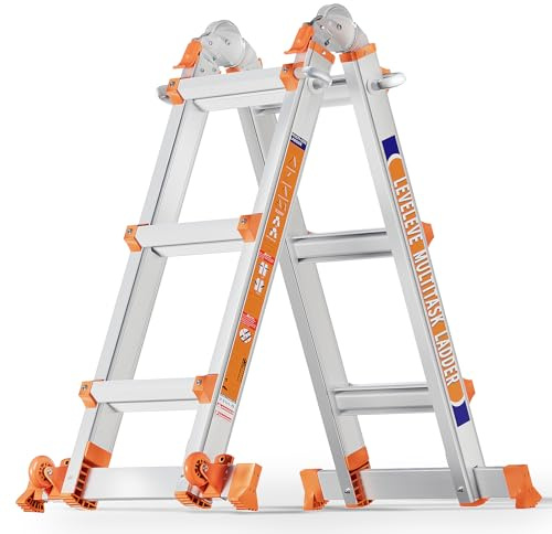 Moonlight Manor 3 Step Multi-Purpose Ladder, 3.35m Extension Ladder with Stabilizer Bar & Wheels, 150kg Load Capacity, Safety A-Frame Ladder for Stairs, Home, Indoor and Outdoor, Roof