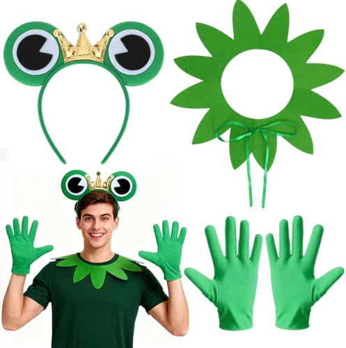 HUKUMA Froschkönig Kostüm, Froschkostüm für Erwachsene, Frosch Haarreif Handschuhe, Grüne Kragen-Dekoration, Frosch Kostüm Set für Karneval Fasching Mottoparty1