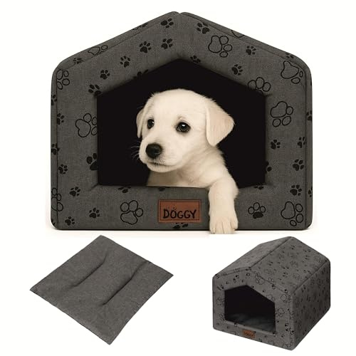 PillowPrim Hundehütte Katzenhaus mit Abnehmbarem Kissen - Wasserdicht Wetterfester - Haustierhaus Warmes Und Gemütliches - Hundebett mit Dach - 54x58 cm - Graphit mit Pfoten