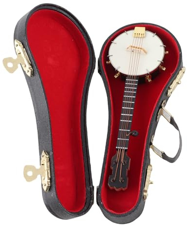 ACOGEDO Modèle de Banjo Miniature, Surfaces Plus Lisses Réalistes, Accessoires de Maison de Poupée avec Support, Boîte de Rangement pour Cadeaux, Jouets, Décoration comme Cadeau de Poupée de Table V