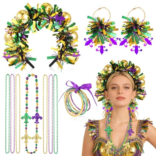 Mardi Gras Kostüm Accessoires Damen Karneval Haarreif mit Disco-Kugel Mardi Gras Schmuck mit Ketten Armband Ohrringe Kopfschmuck Karneval Faschingskostüme Zubehör für Mottoparty Karnevalsumzug
