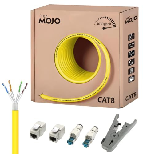 Tecmojo CAT8 S/FTP 20m 40Gigabit LAN-Ethernet-Netzwerkkabel, PiMF Reinkupferleiter 22AWG mit Schirmung LSZH DCA, mit Kabelwerkzeug, RJ45-Feldsteckern und Keystone-Buchsen, Gelb