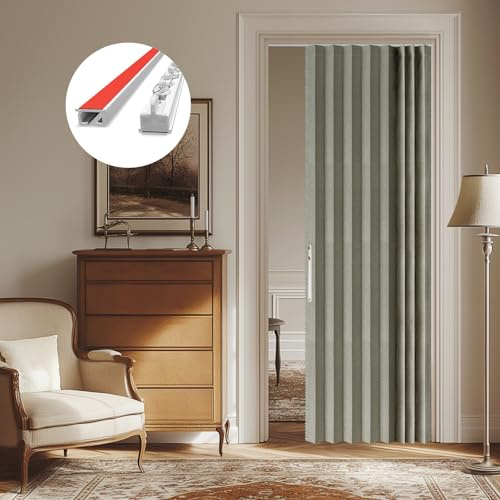 AJAZZ 100% Verdunkelung Türvorhang Ohne Bohren, Grau, B109 x H201 cm, Magnetischer Schiebetürvorhang mit Schienen, Akkordeon Faltdesign