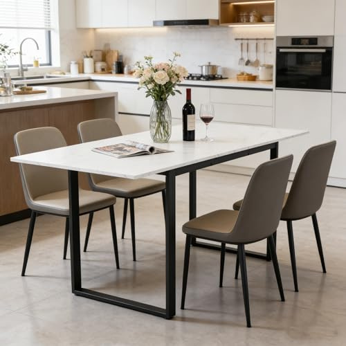 PLLBIKK Matbord, utdragbart, vitt, 140/180 x 70 x 75 cm, rektangulärt köksbord för 4–8 personer, matbordsskiva i marmorutseende och metallben, utdragbart bord för vardagsrum och matsal