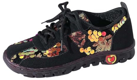 Generisch Bailarinas europeas y de talla grande con punta redonda plana con lentejuelas y cordones, Negro , 43 EU