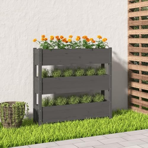 ULUYYUC Fioriera rialzata da balcone, 112 x 25 x 104,5 cm, in pino massiccio, 3 livelli, colore grigio, aiuola da giardino salvaspazio per terrazza e piccoli balconi, robusta struttura in legno